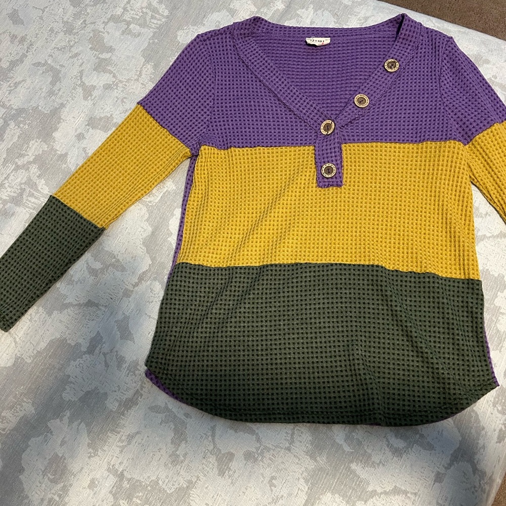Mardi Gras long sleeve with front button placket